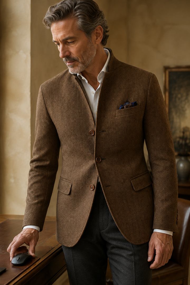 Dark brown herringbone tweed blazer side view