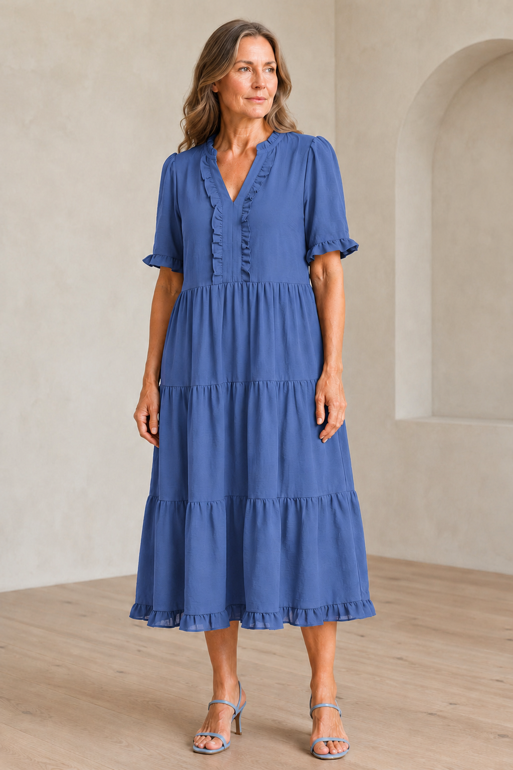 Tiered Puff Sleeve Mini Dress - Blue