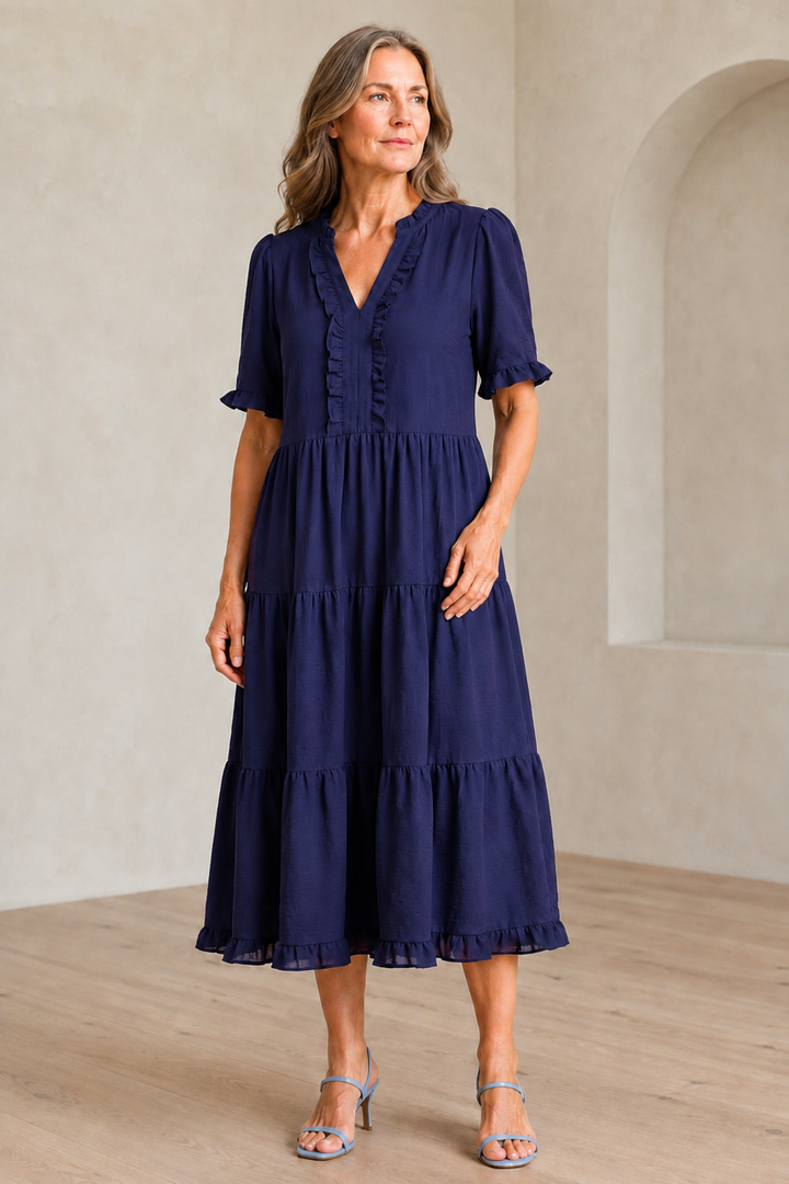 Tiered Puff Sleeve Mini Dress - Dark Blue