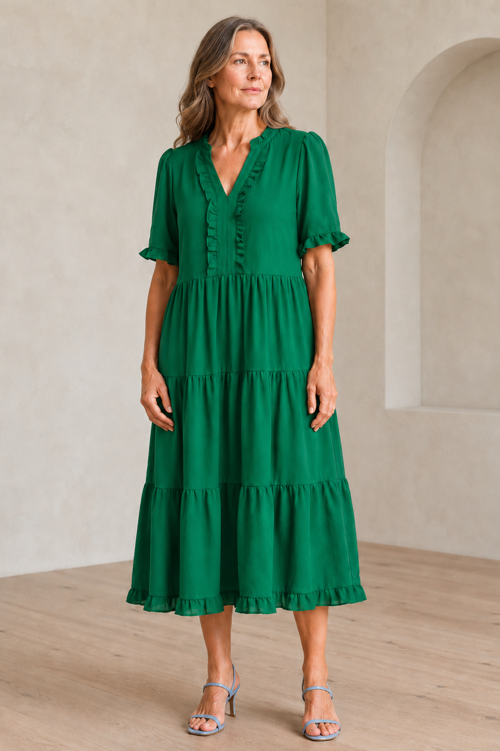 Tiered Puff Sleeve Mini Dress - Green