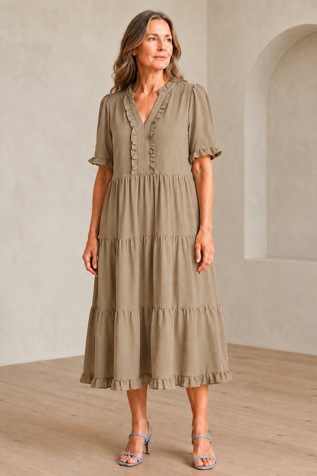 Tiered Puff Sleeve Mini Dress - Khaki