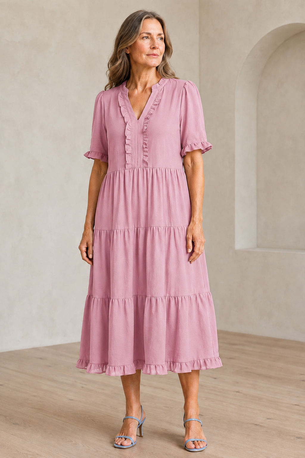 Tiered Puff Sleeve Mini Dress - Light Pink