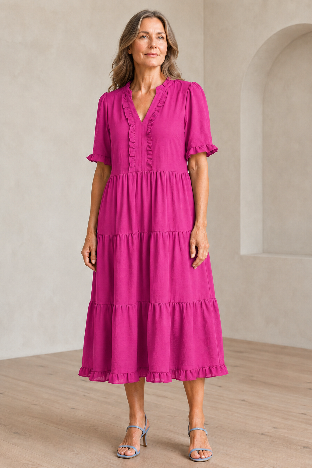 Tiered Puff Sleeve Mini Dress - Pink