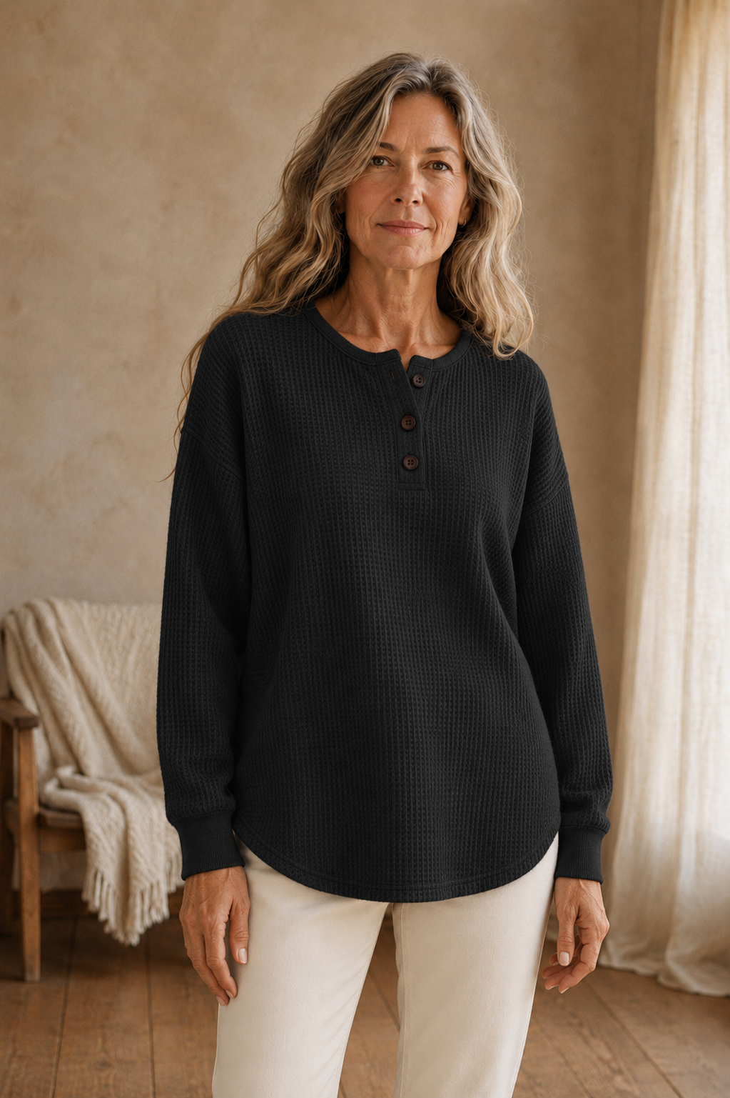 Toinette | Waffle Knit Henley Top - Black front hero