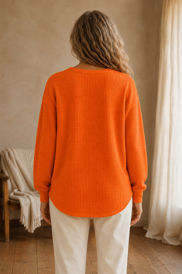 Toinette | Waffle Knit Henley Top - Orange back view