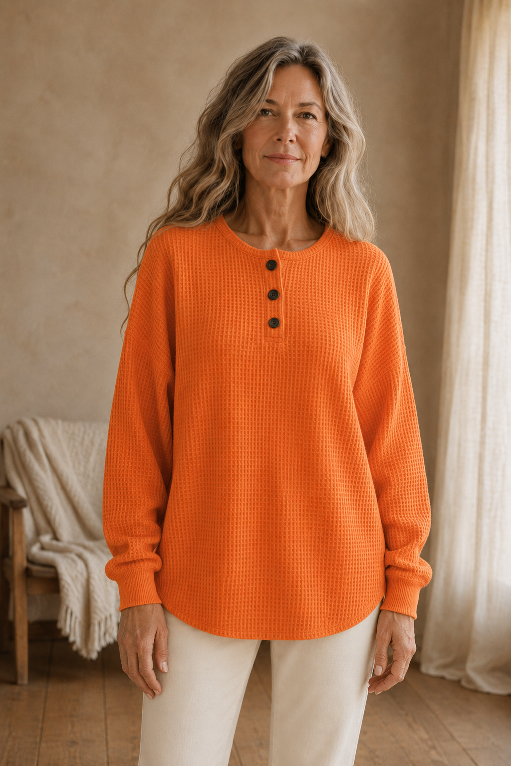 Toinette | Waffle Knit Henley Top - Orange front hero