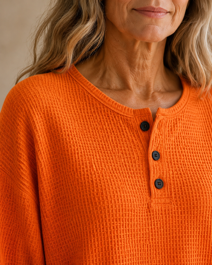 Toinette | Waffle Knit Henley Top - Orange fabric detail