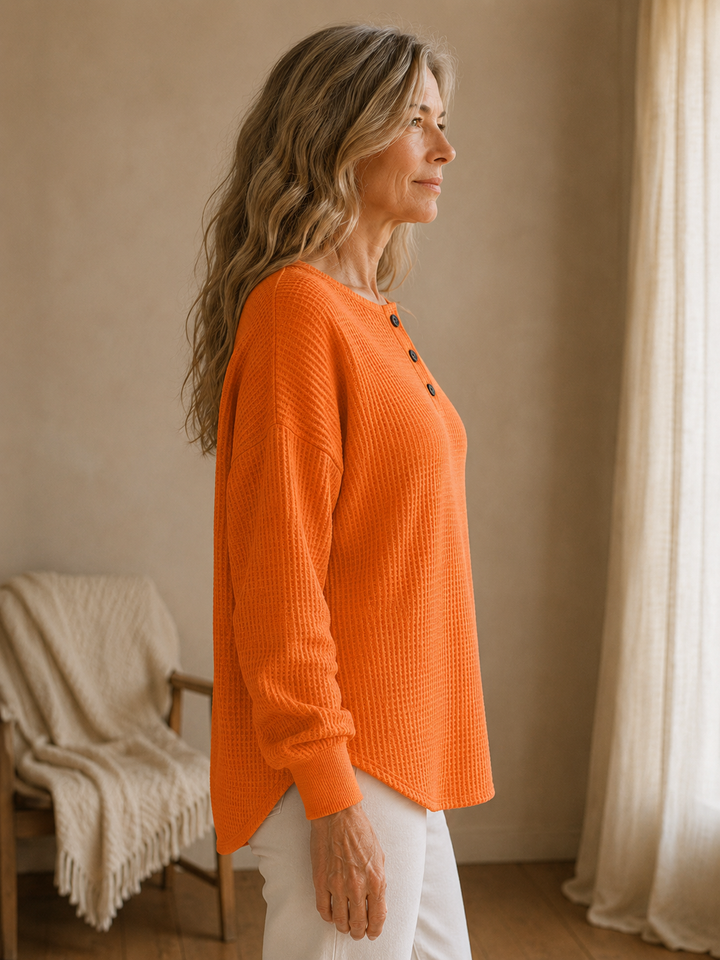 Toinette | Waffle Knit Henley Top - Orange side view