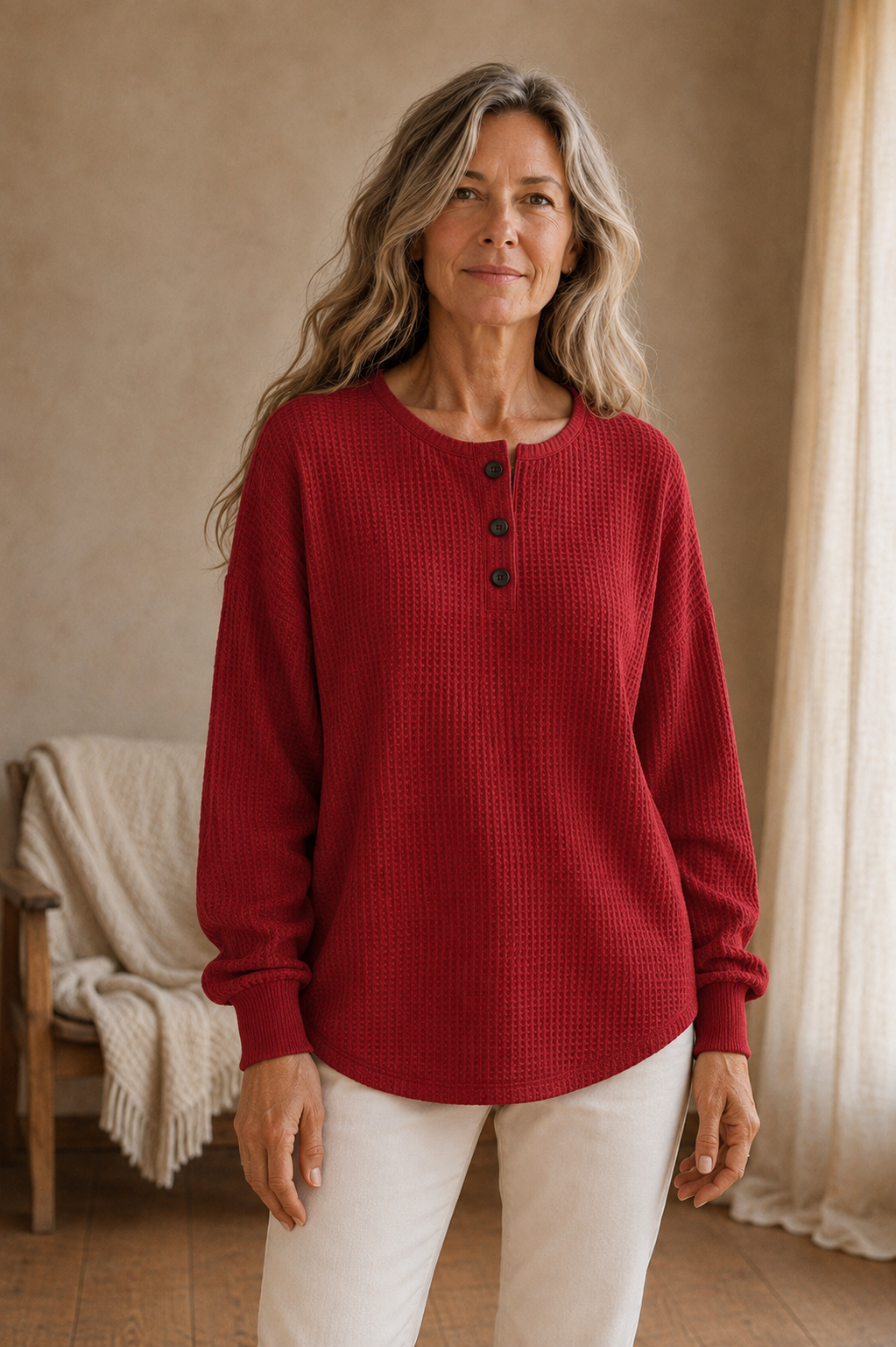 Toinette | Waffle Knit Henley Top - Red front hero
