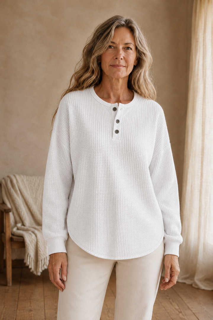 Toinette | Waffle Knit Henley Top - White front hero