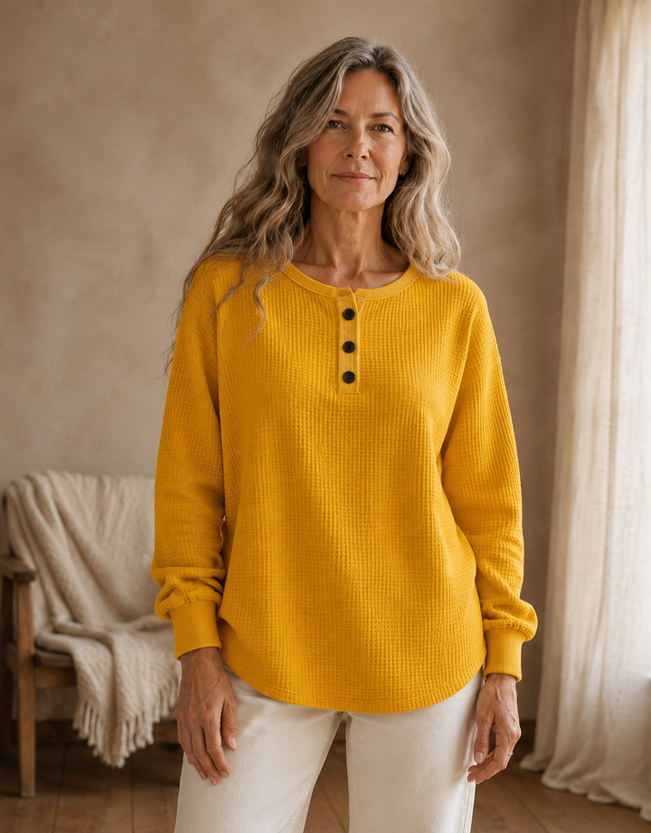 Toinette | Waffle Knit Henley Top - Yellow front hero