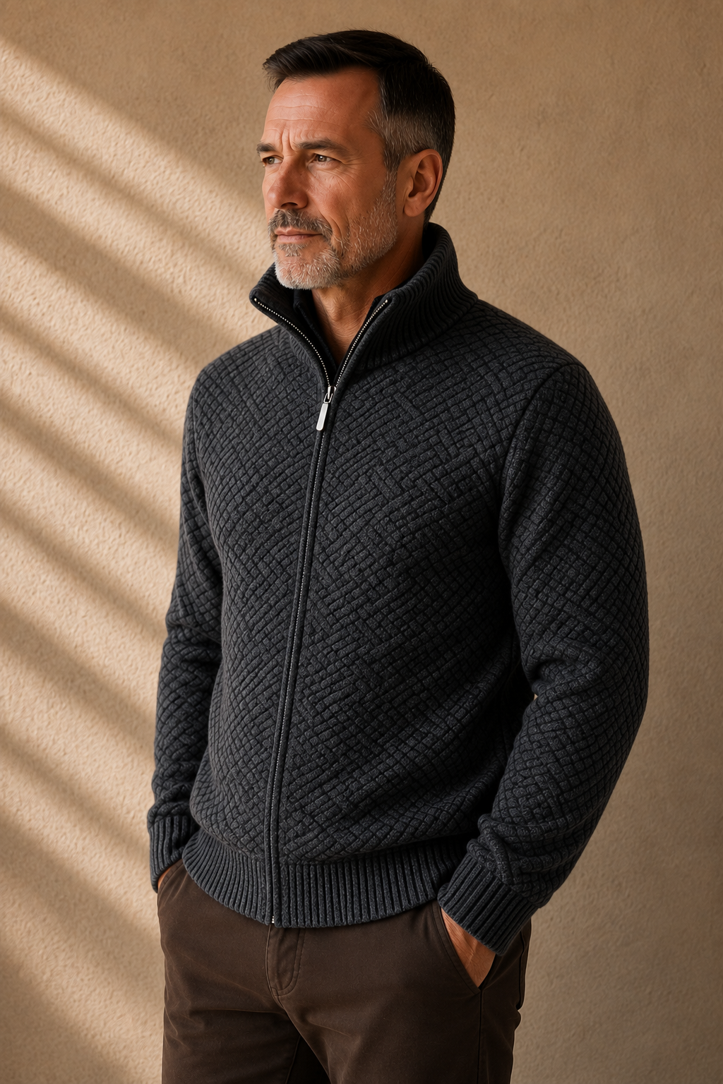 Fleece Lined Zip Knit Cardigan - Dark Gray
