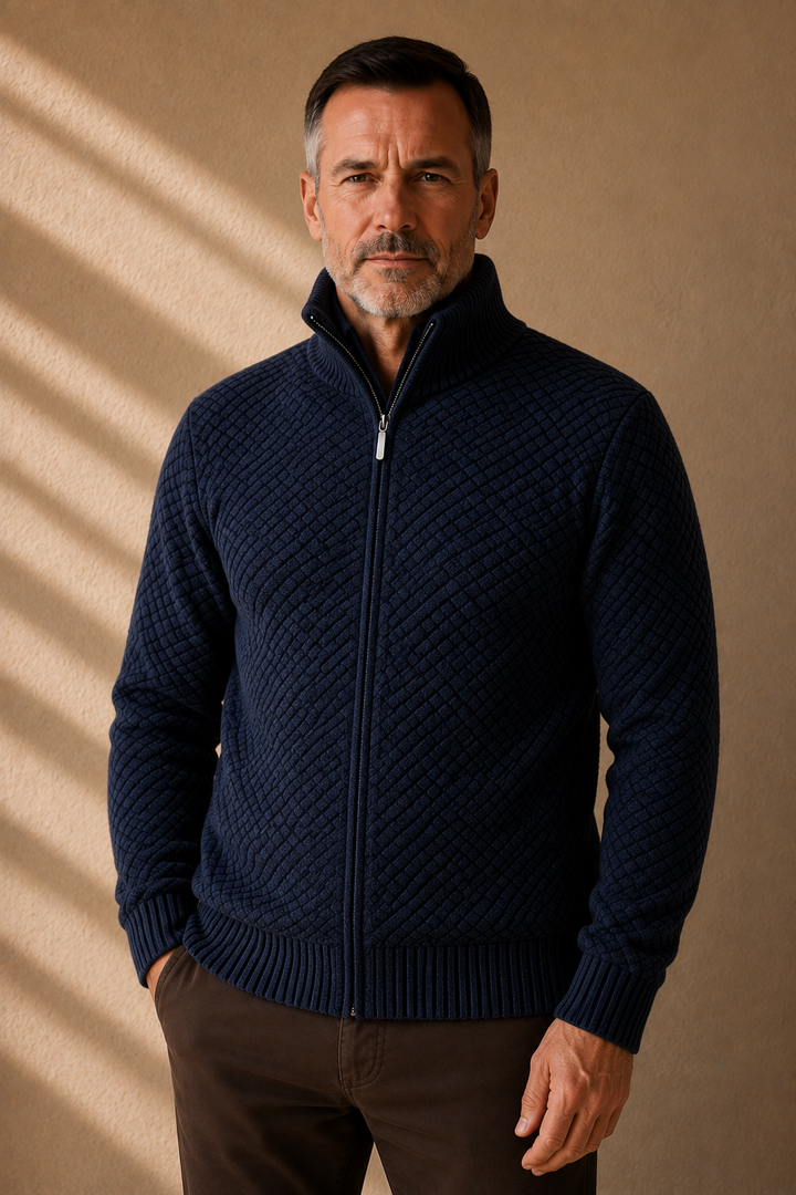 Fleece Lined Zip Knit Cardigan - Navy Blue