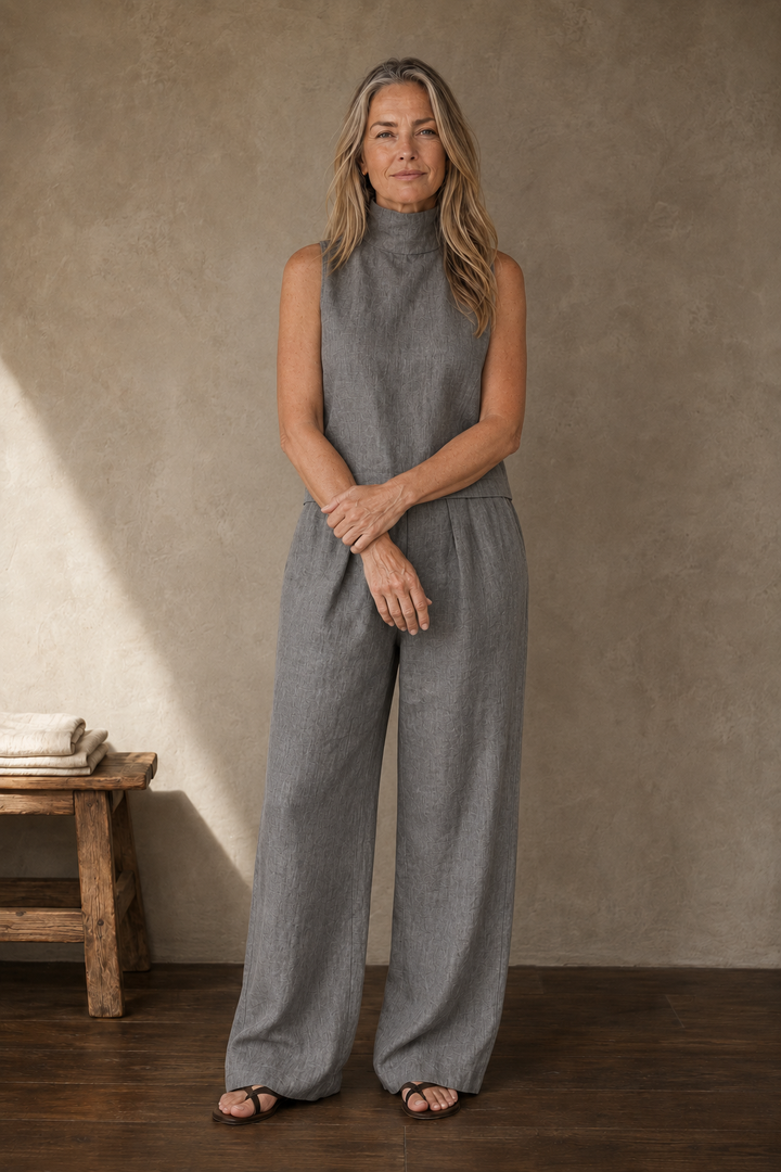 Ursuline | Linen Blend Mock Neck Set - Grey