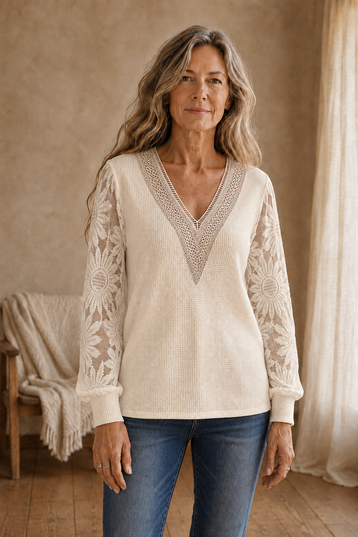 Veronique | Lace Panel Lantern Top - Apricot front hero