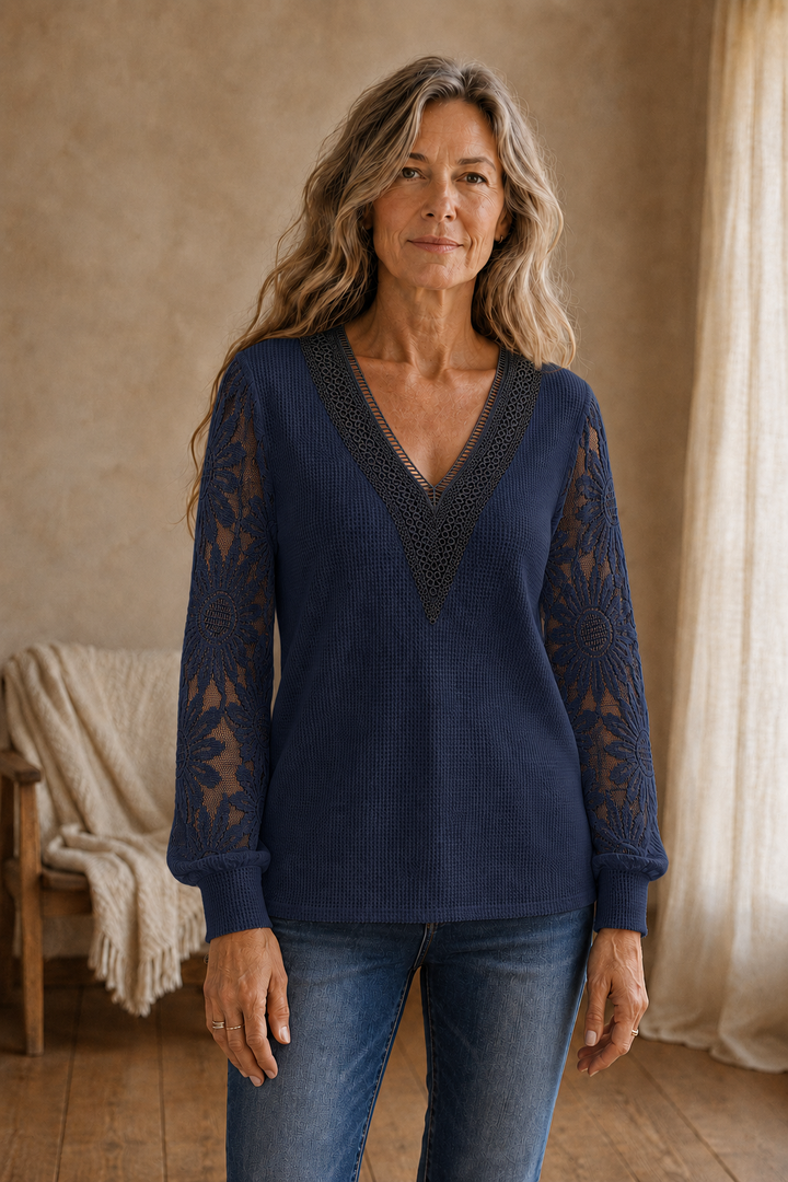 Veronique | Lace Panel Lantern Top - Navy front hero