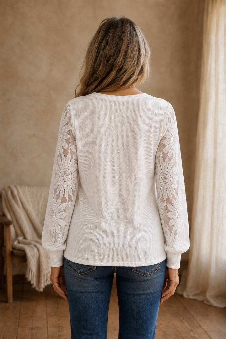 Veronique | Lace Panel Lantern Top - White back view