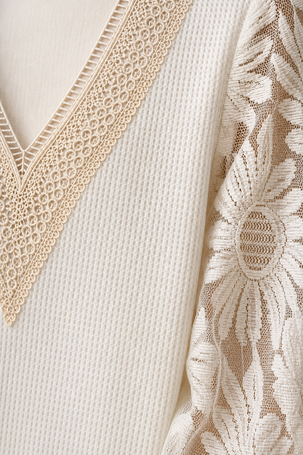 Veronique | Lace Panel Lantern Top - White fabric detail