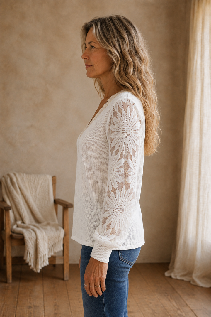 Veronique | Lace Panel Lantern Top - White side view