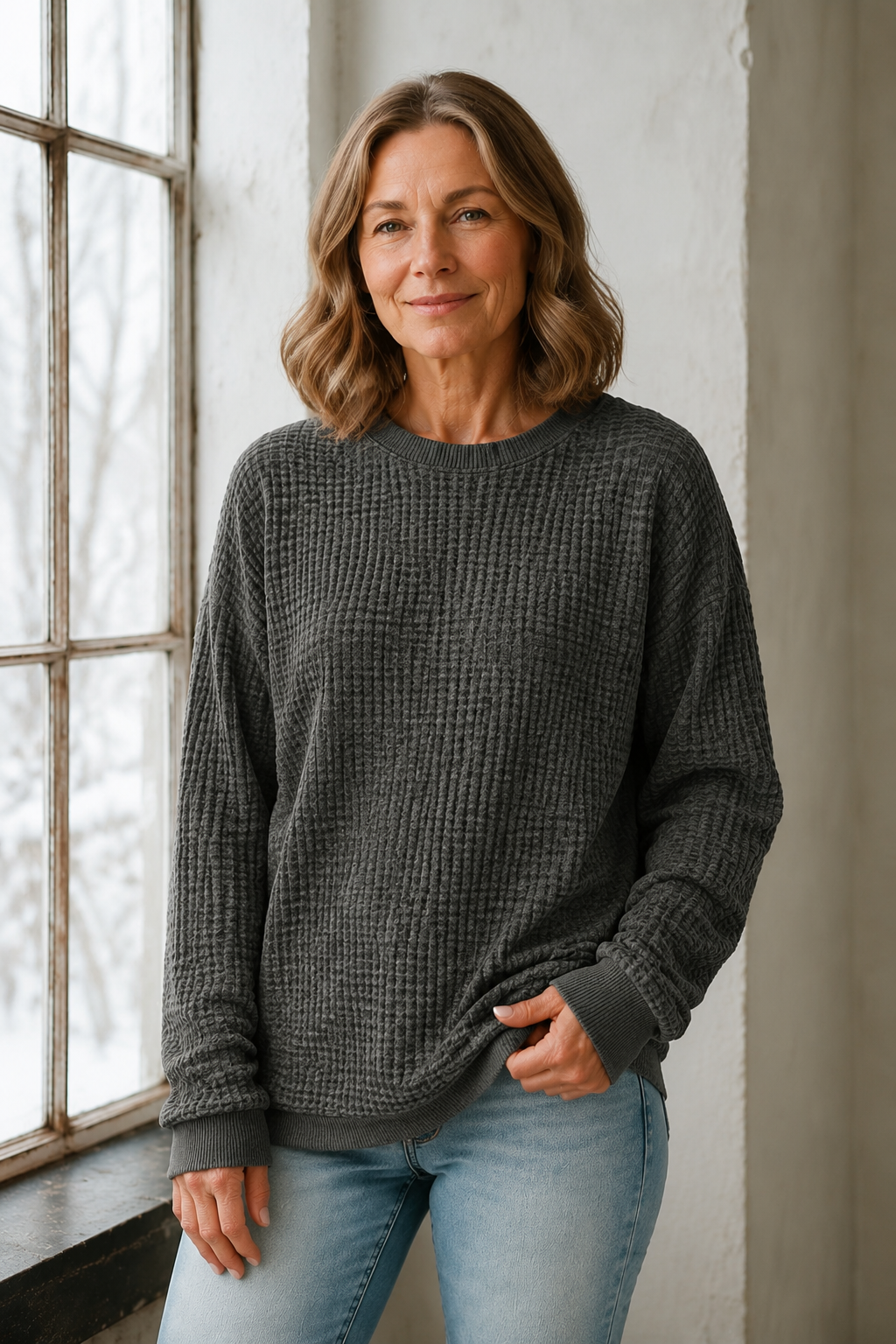 Multicolor Wafeltrui voor Dames, Herfst, Top met Lange Mouwen - Donkergrijs