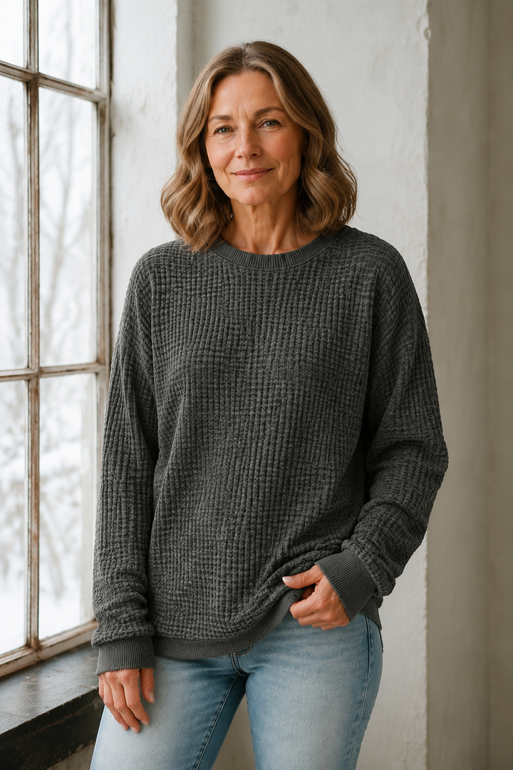 Multicolor Wafeltrui voor Dames, Herfst, Top met Lange Mouwen - Donkergrijs