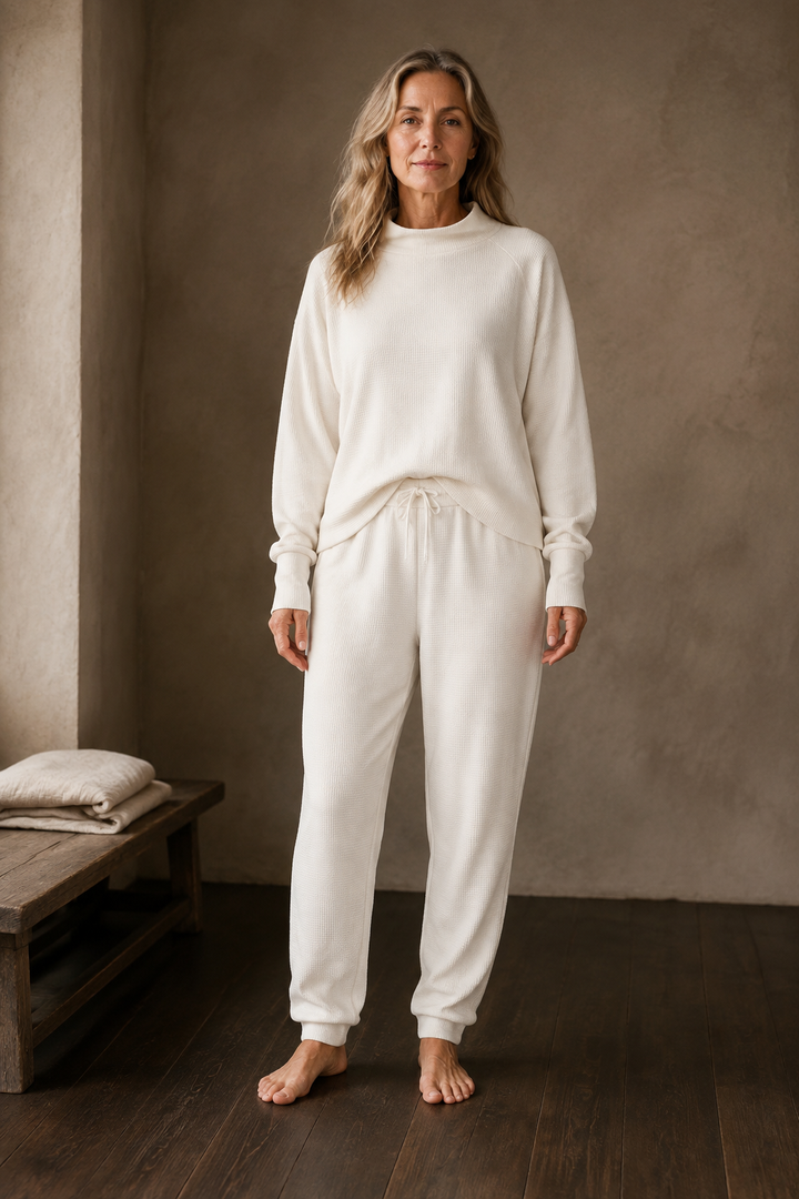 Full-length editorial image of Waffle Knit Cotton Blend Lounge Set