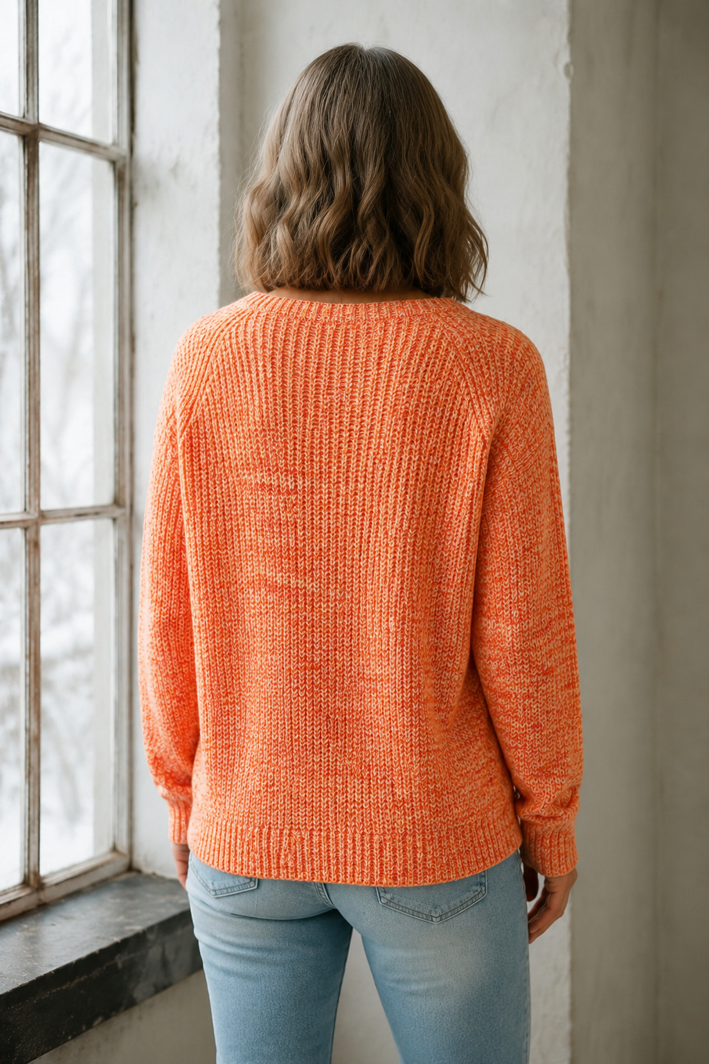 Multicolor Wafeltrui voor Dames, Herfst, Top met Lange Mouwen - Oranje-Rood