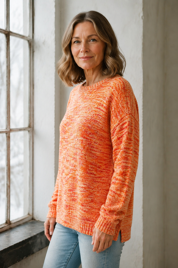 Multicolor Wafeltrui voor Dames, Herfst, Top met Lange Mouwen - Oranje-Rood