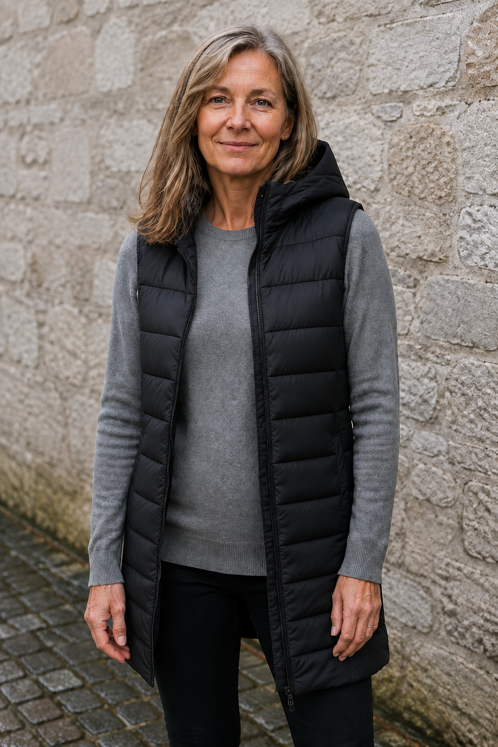 Wanda hooded longline puffer vest open