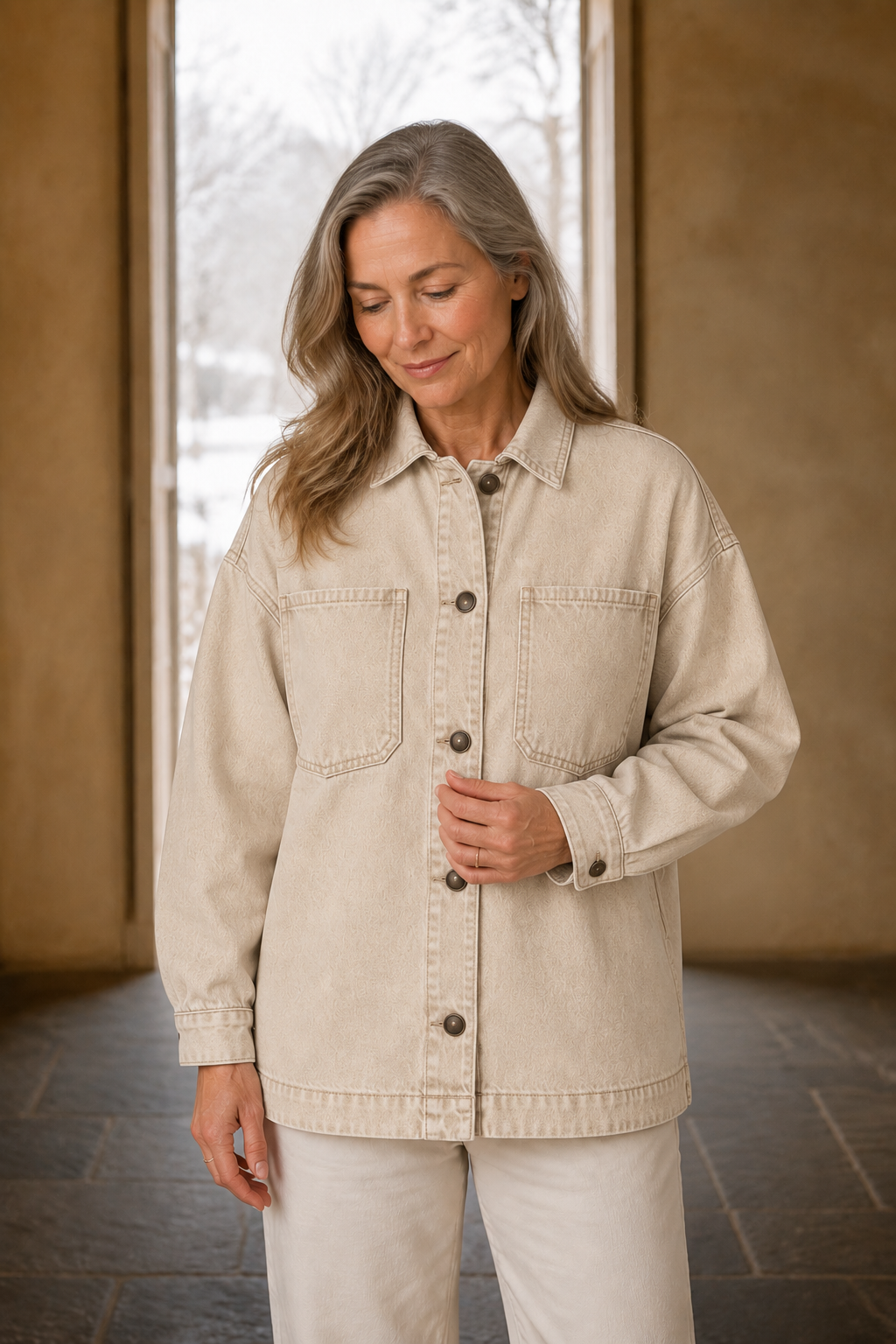 Washed Denim Oversized Jacket - Beige