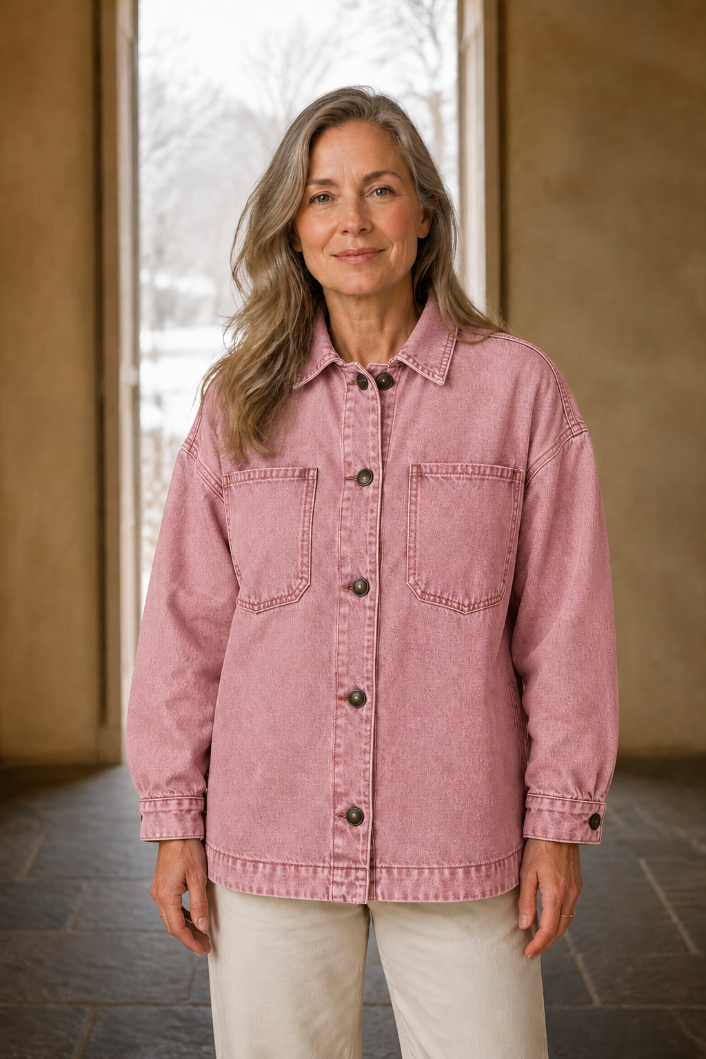 Washed Denim Oversized Jacket - Pink