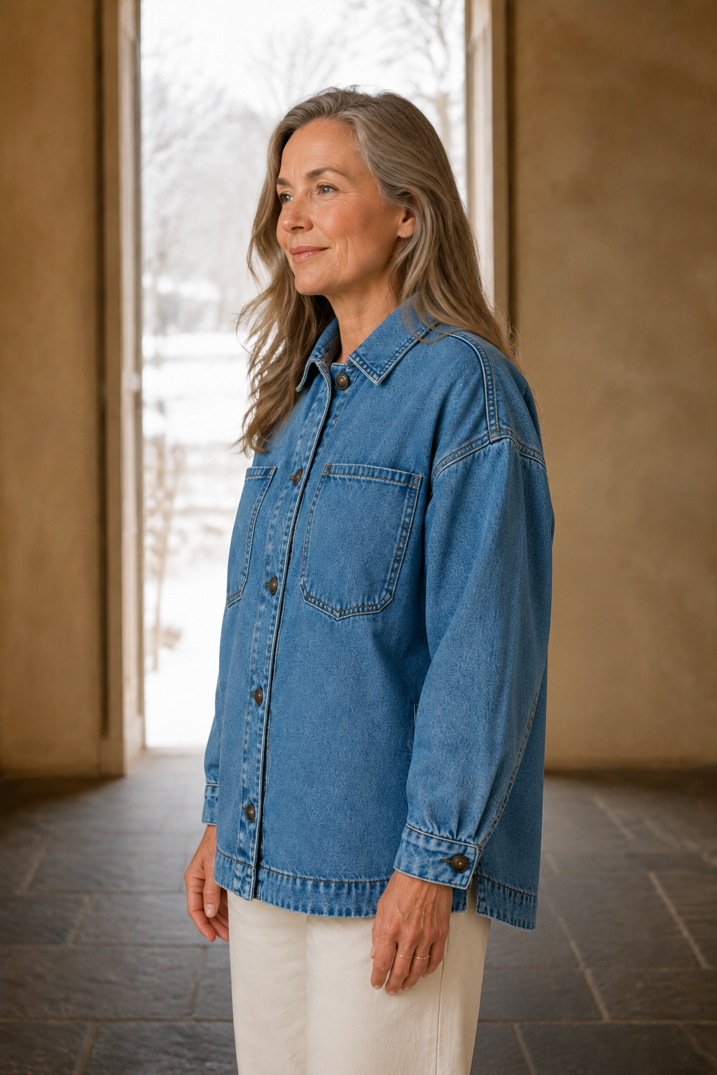 Washed Denim Oversized Jacket - Blue