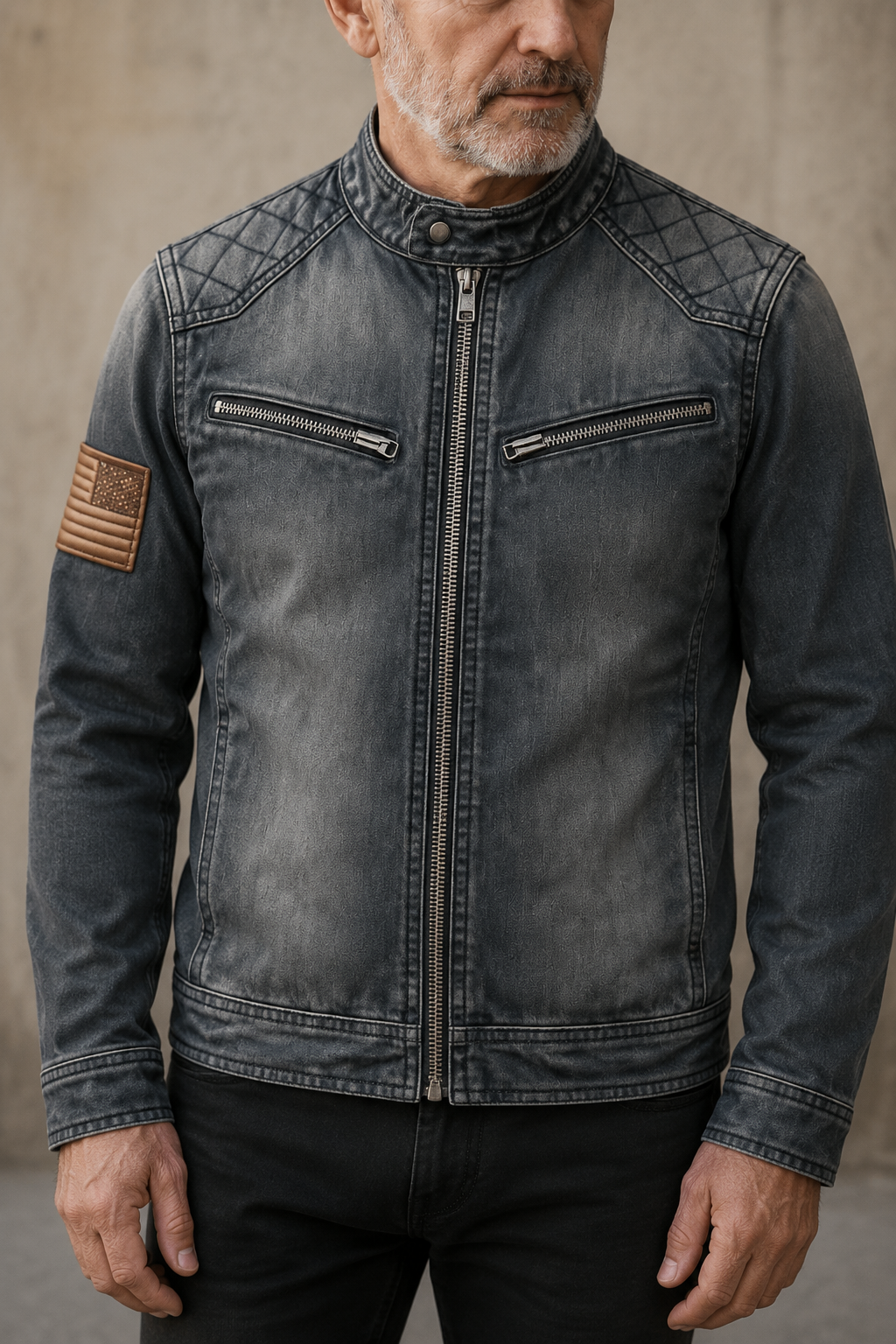 Washed Denim Zip Collar Jacket - close-up