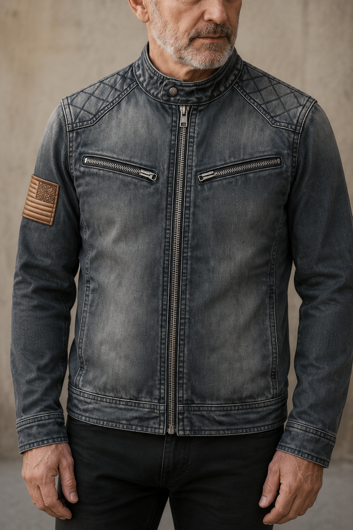 Washed Denim Zip Collar Jacket - close-up
