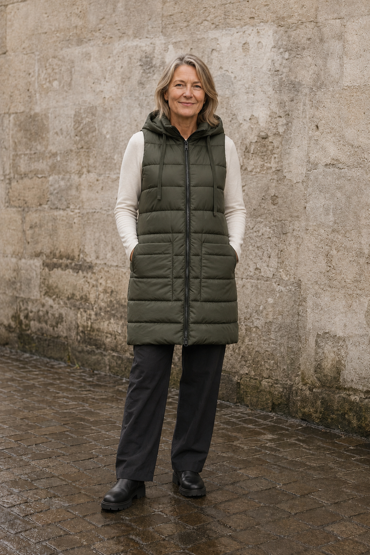 Wilhelmina | Quilted Longline Hooded Vest - Army Green