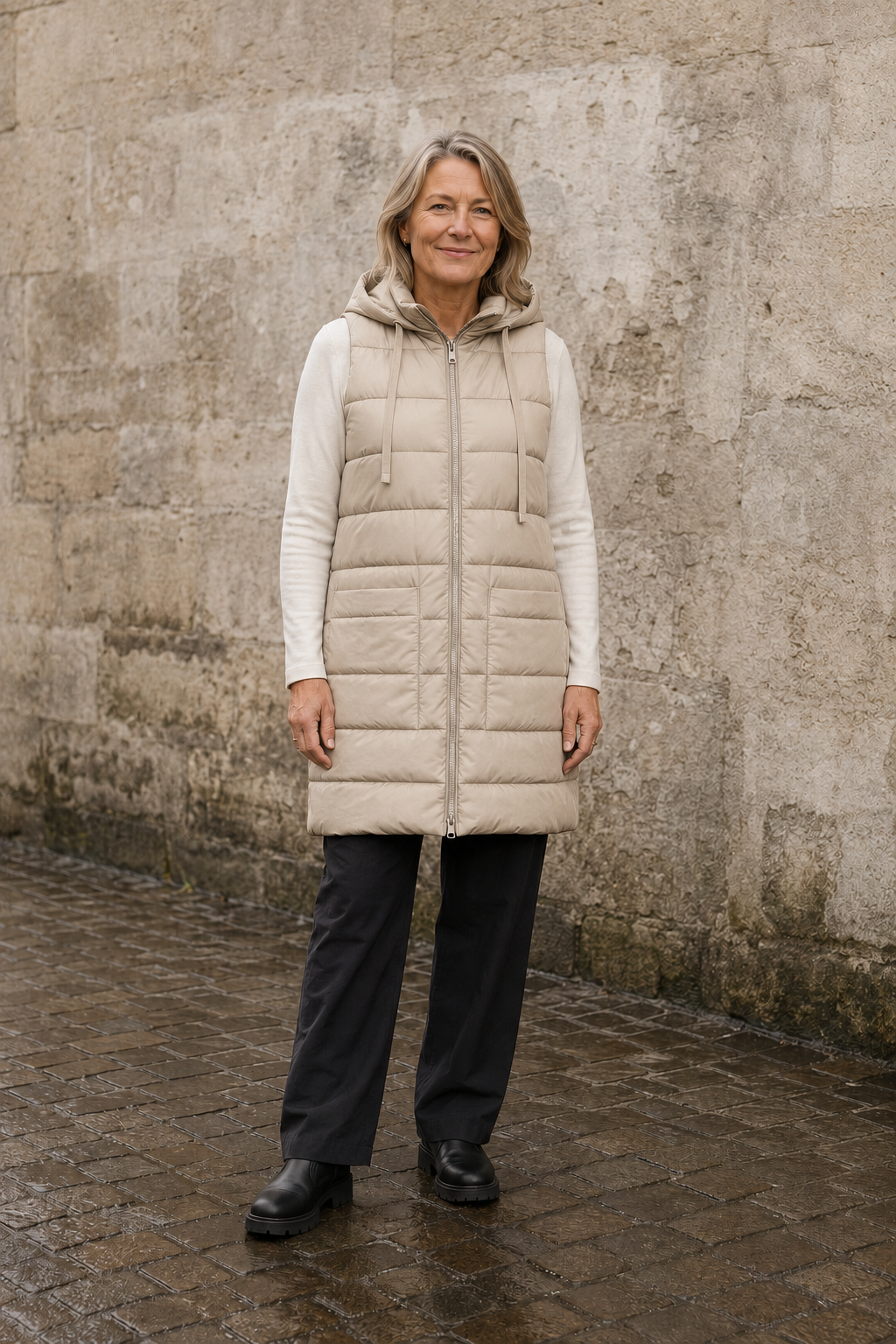 Wilhelmina | Quilted Longline Hooded Vest - Beige