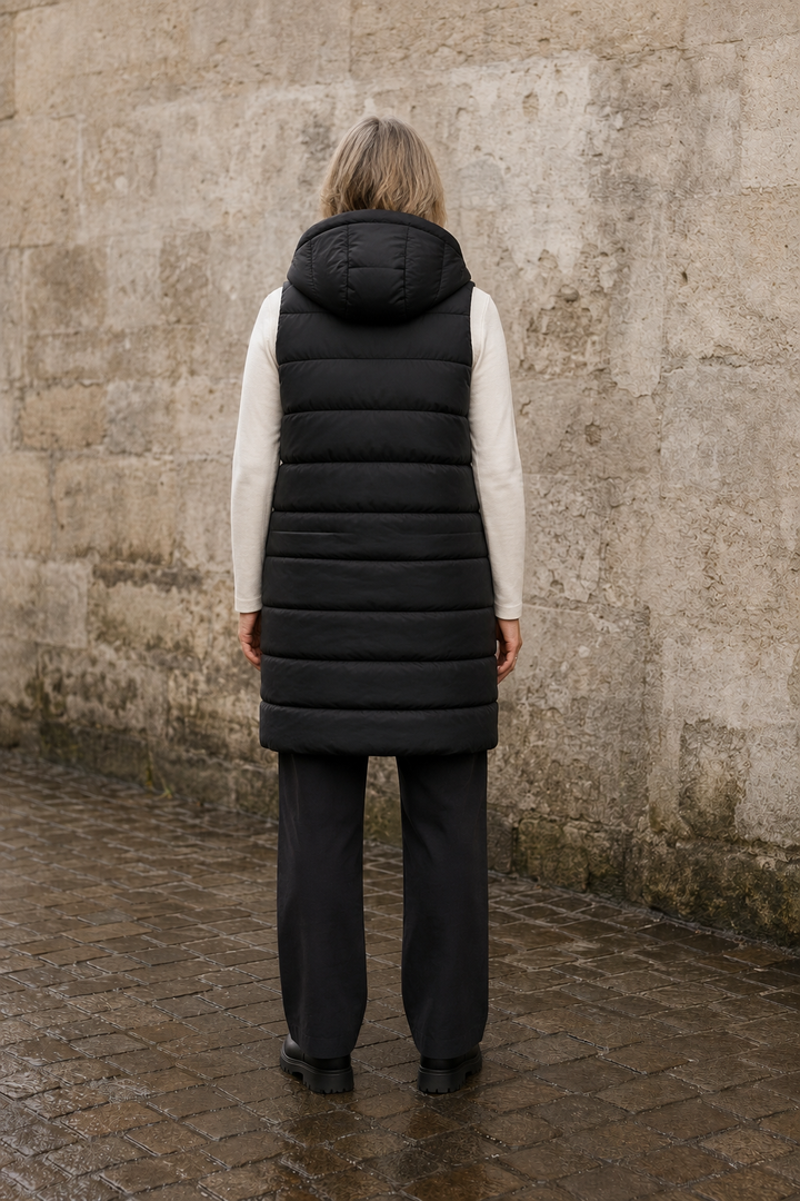 Wilhelmina | Quilted Longline Hooded Vest - Black