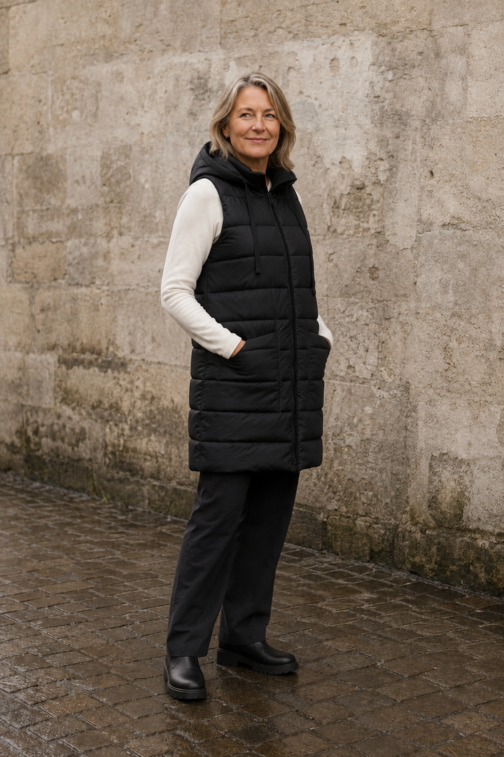 Wilhelmina | Quilted Longline Hooded Vest - Black