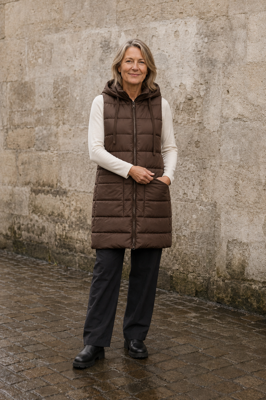 Wilhelmina | Quilted Longline Hooded Vest - Brown
