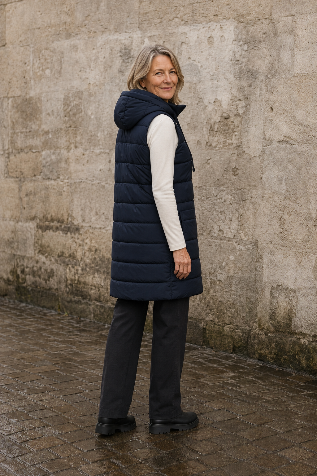 Wilhelmina | Quilted Longline Hooded Vest - Navy Blue