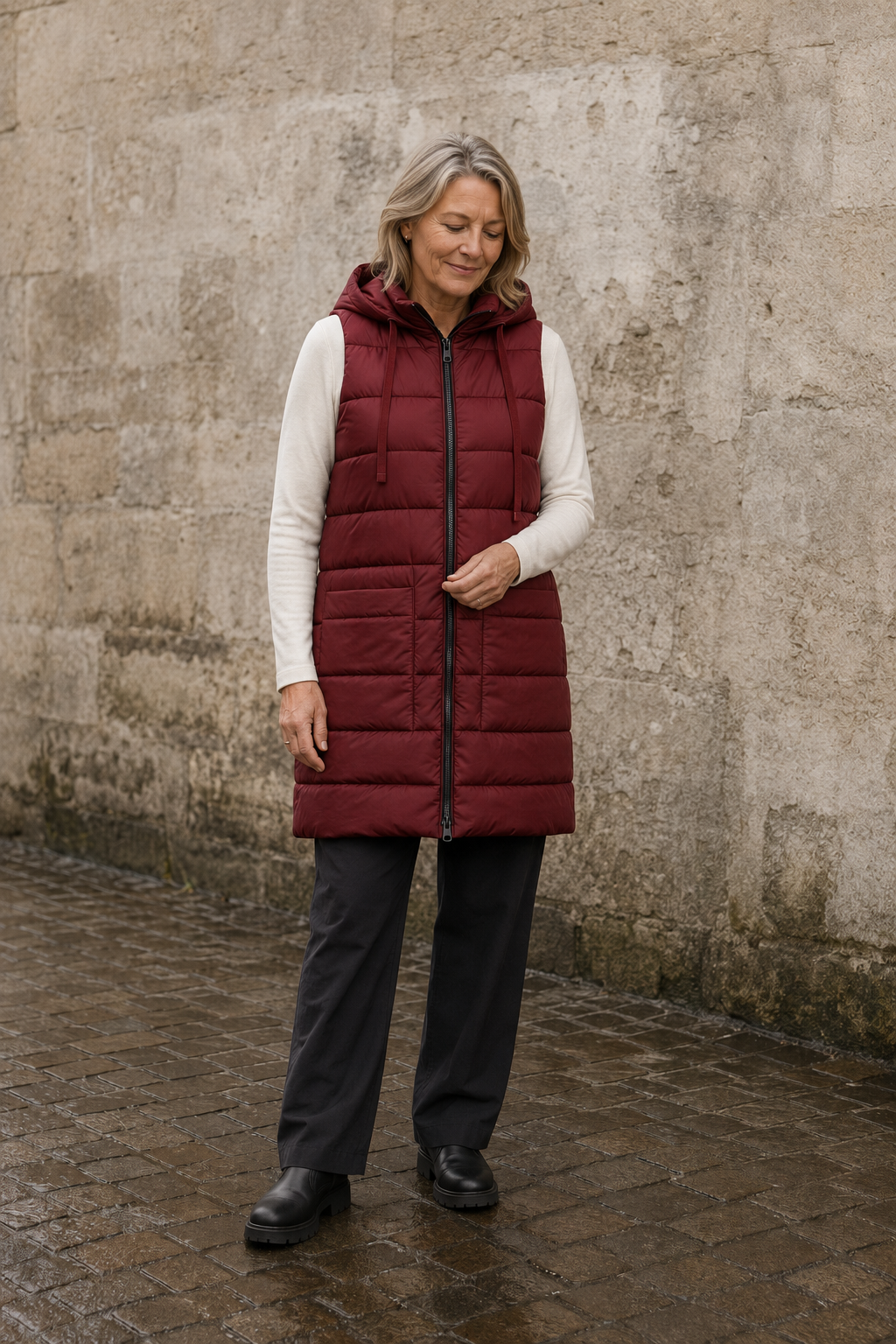 Wilhelmina | Quilted Longline Hooded Vest - Red