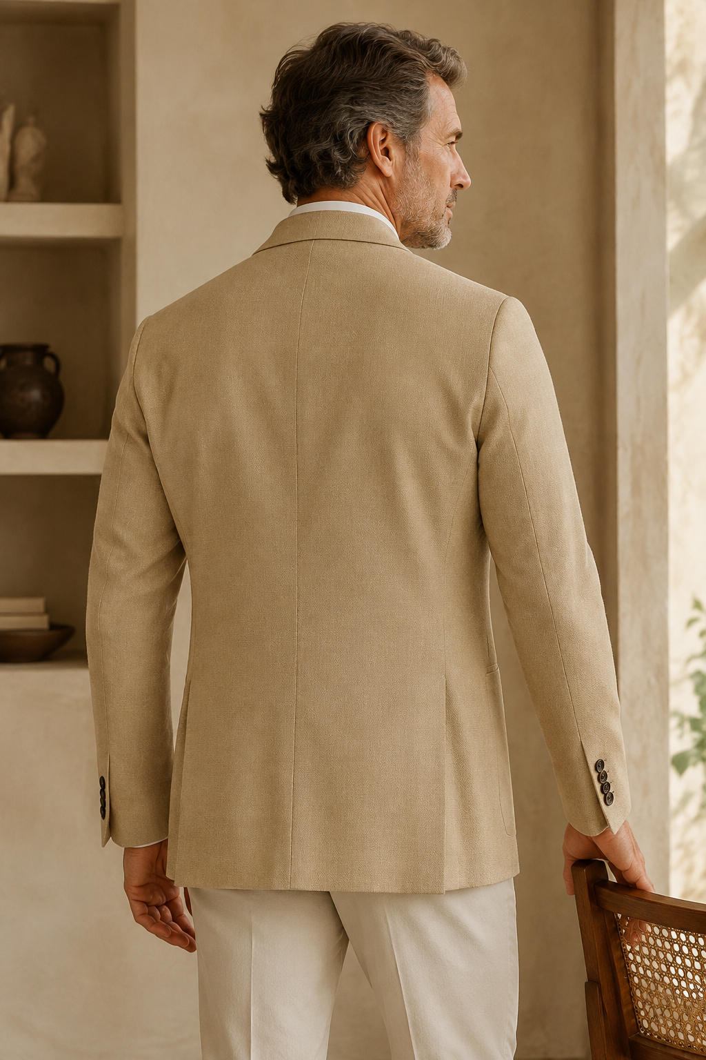 Khaki cotton wool tailored blazer back view
