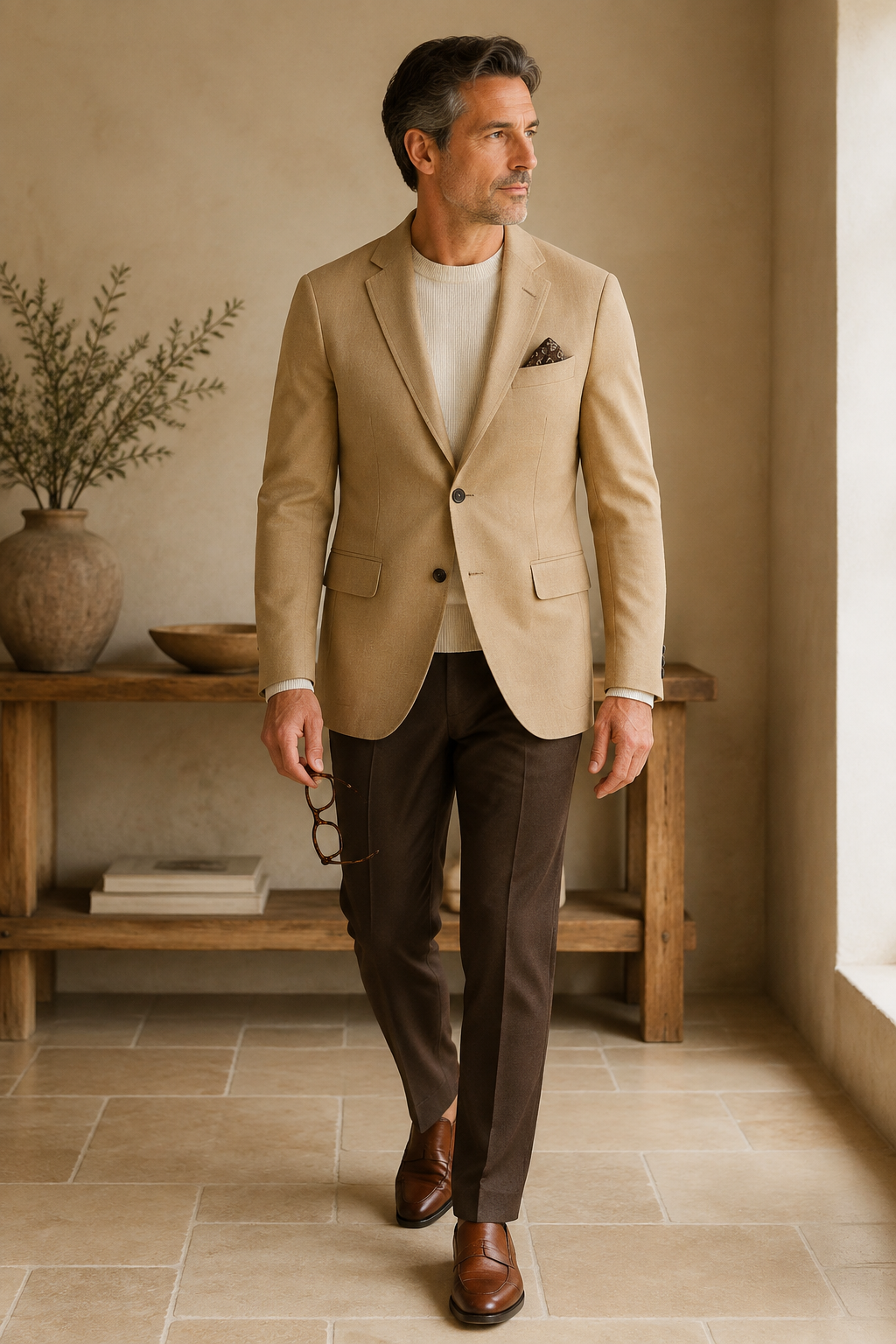 Khaki cotton wool tailored blazer full-length front