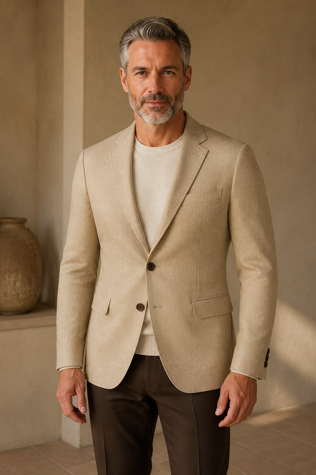 Khaki cotton wool tailored blazer hero, direct camera gaze