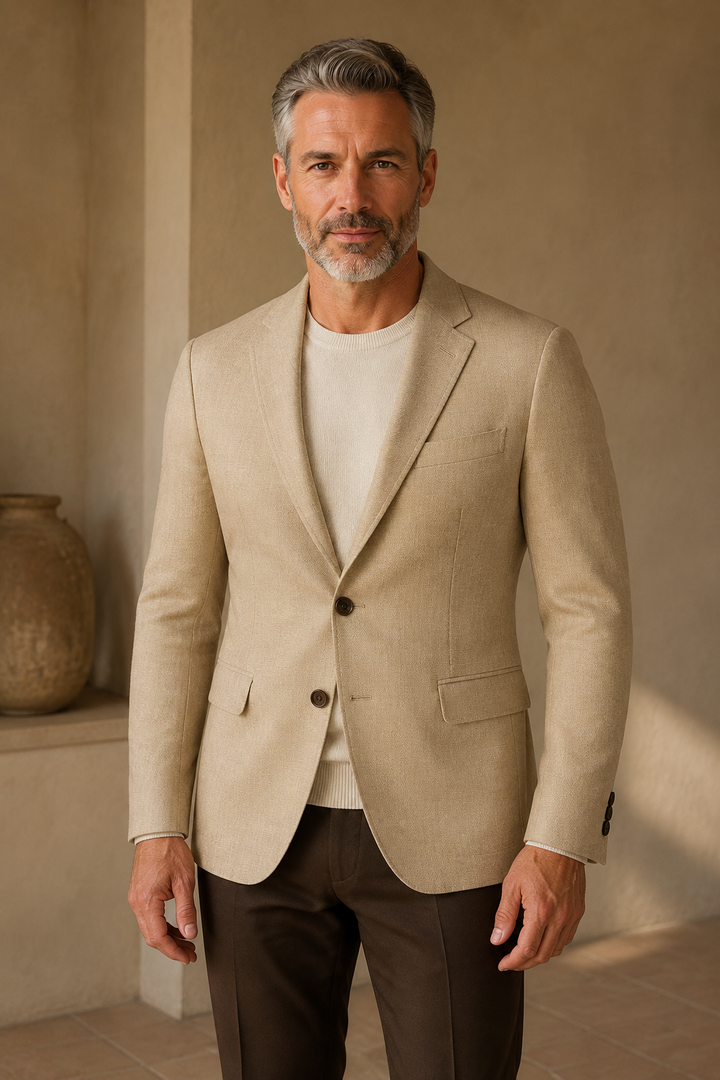 Khaki cotton wool tailored blazer hero, direct camera gaze