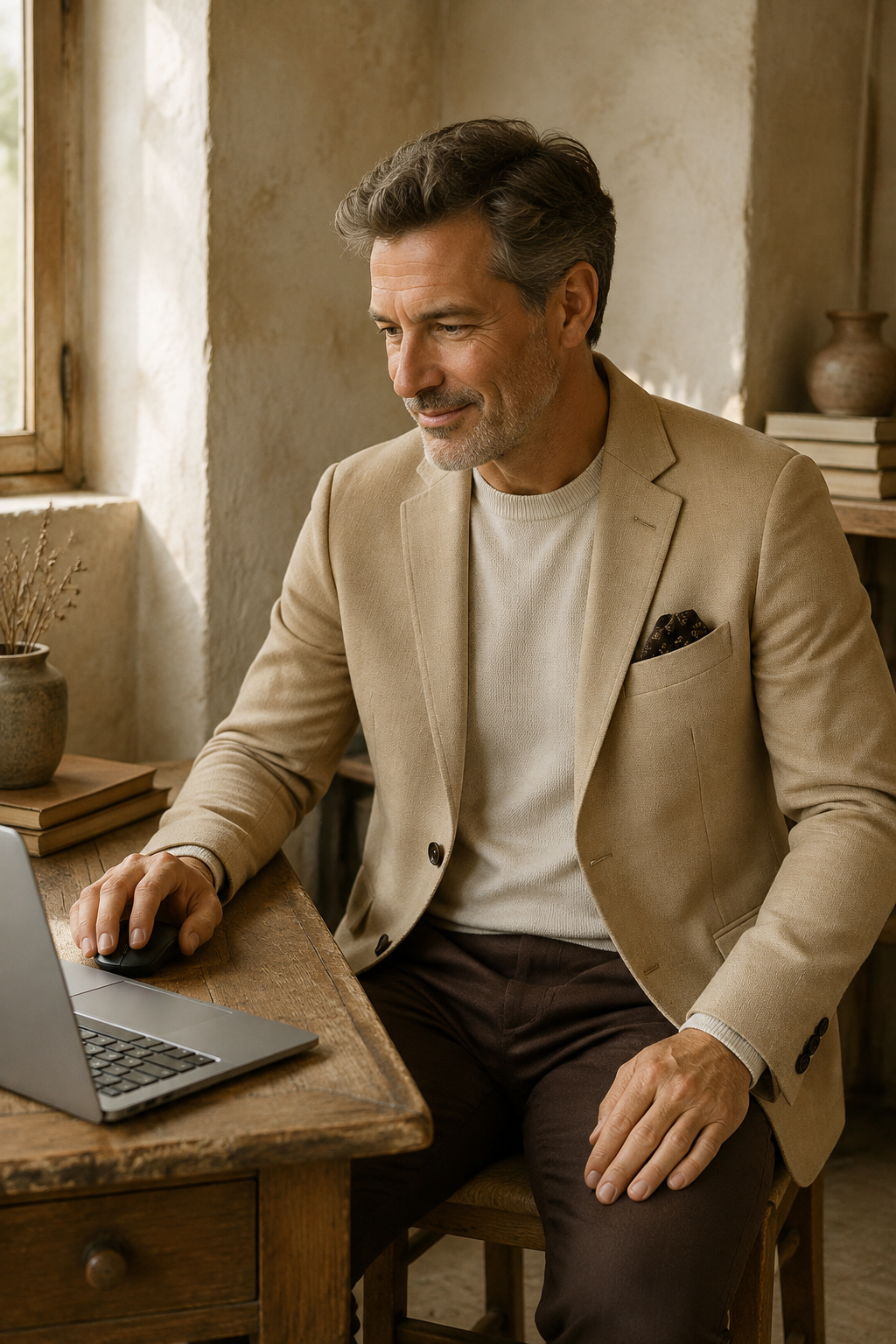 Khaki cotton wool tailored blazer natural desk view