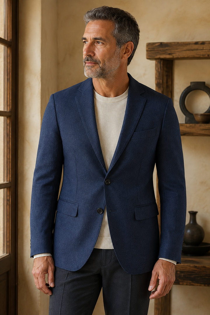 Navy blue cotton wool tailored blazer color hero
