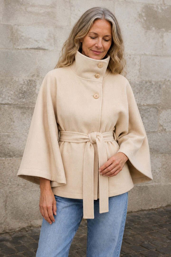 Wool Blend Belted Cape Coat - Apricot