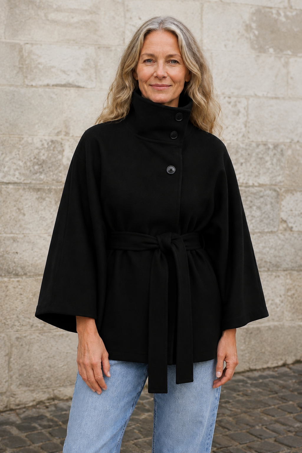 Wool Blend Belted Cape Coat - Black