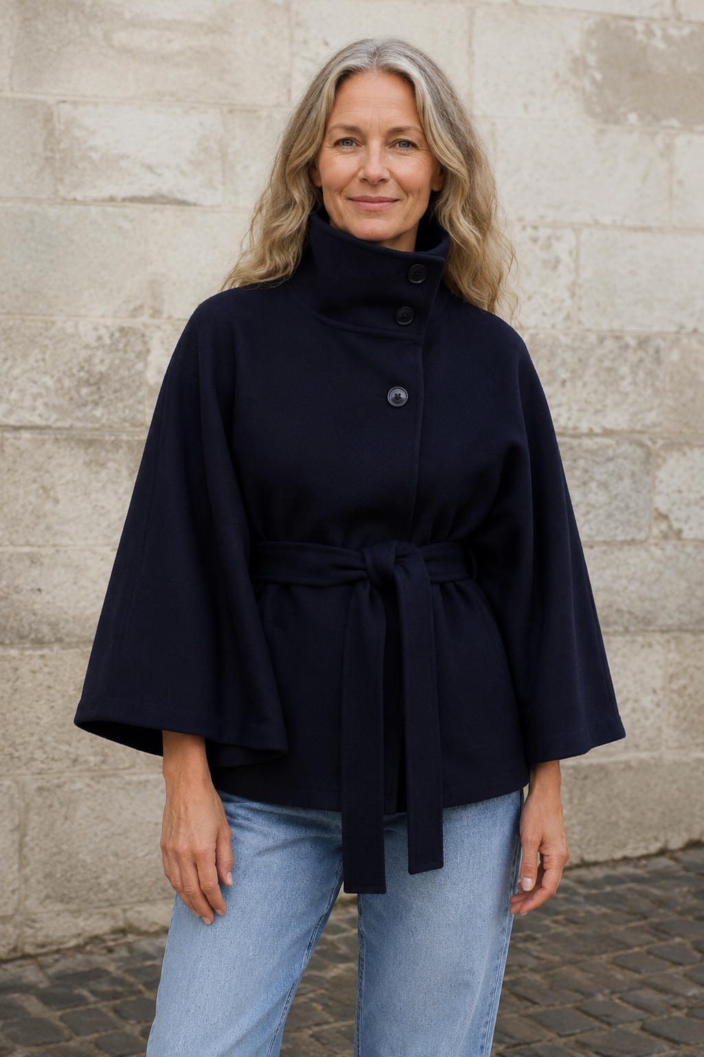 Wool blend belted cape coat closed